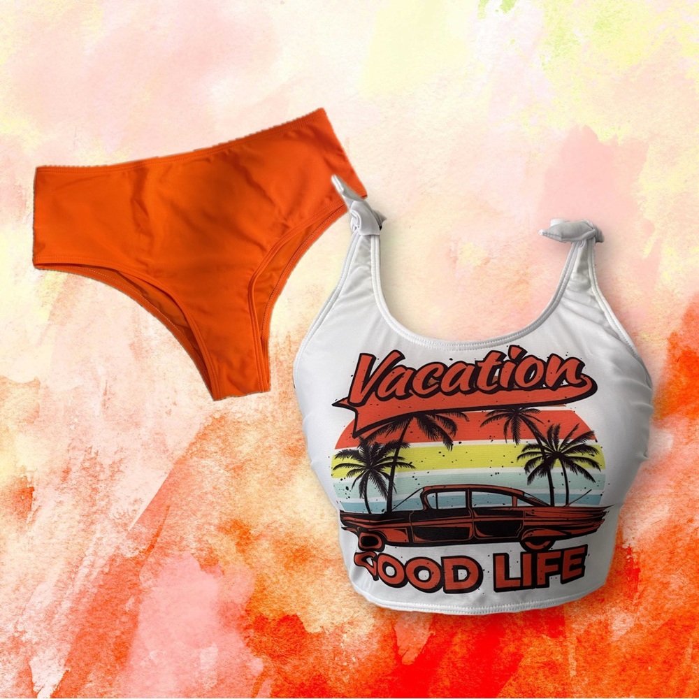 2-PC Vacation Crop Top & High Waist Bottoms Set Orange Swim